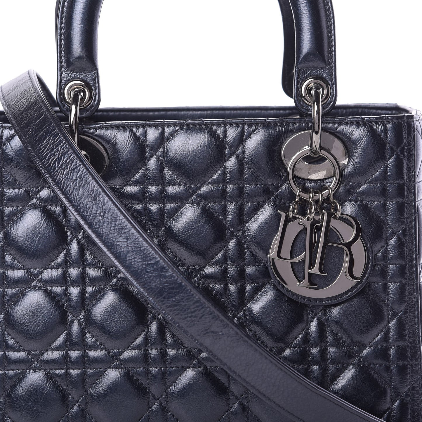Metallic Lambskin Cannage Medium Lady Dior Navy Blue