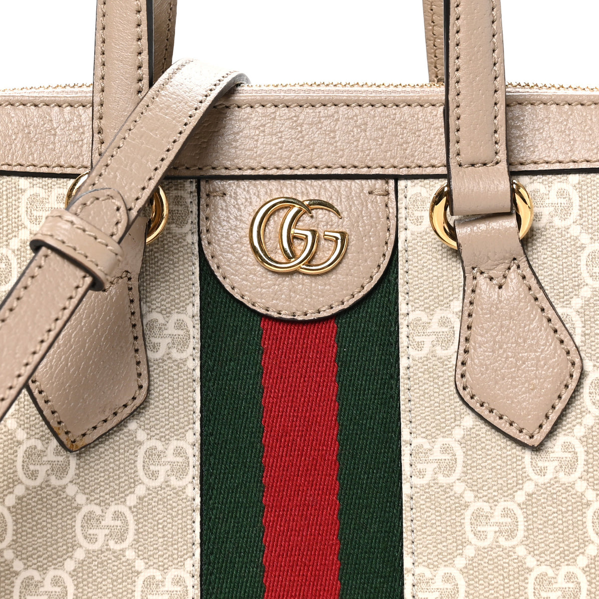GG Supreme Monogram Textured Dollar Calfskin Web Small Ophidia Tote Bag Beige Mystic White Oatmeal