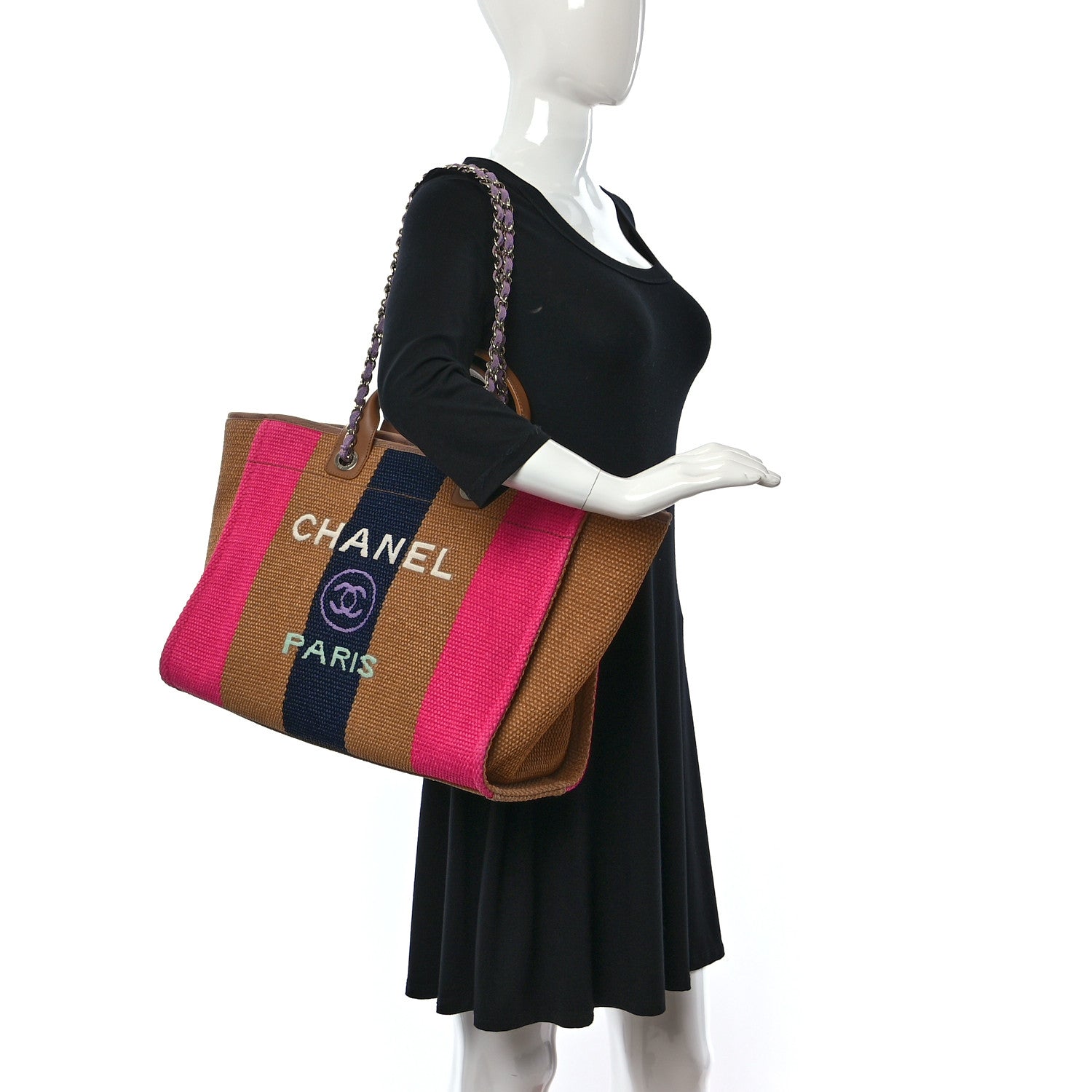 Chanel Straw Raffia Calfskin Striped Medium Deauville Tote Dark Beige Fuchsia Navy Blue 2 of 10