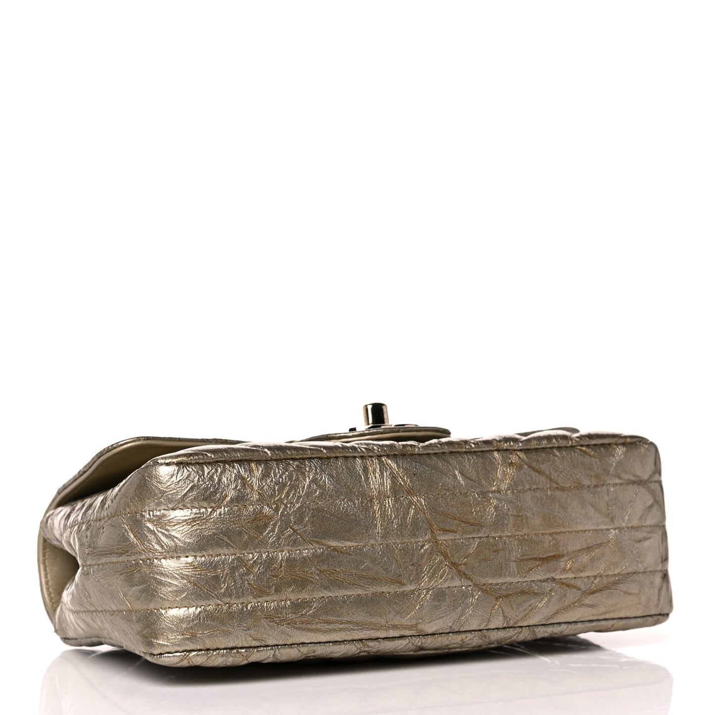 Patent Metallic Crumpled Calfskin Chevron Quilted Mini Rectangular Flap Gold