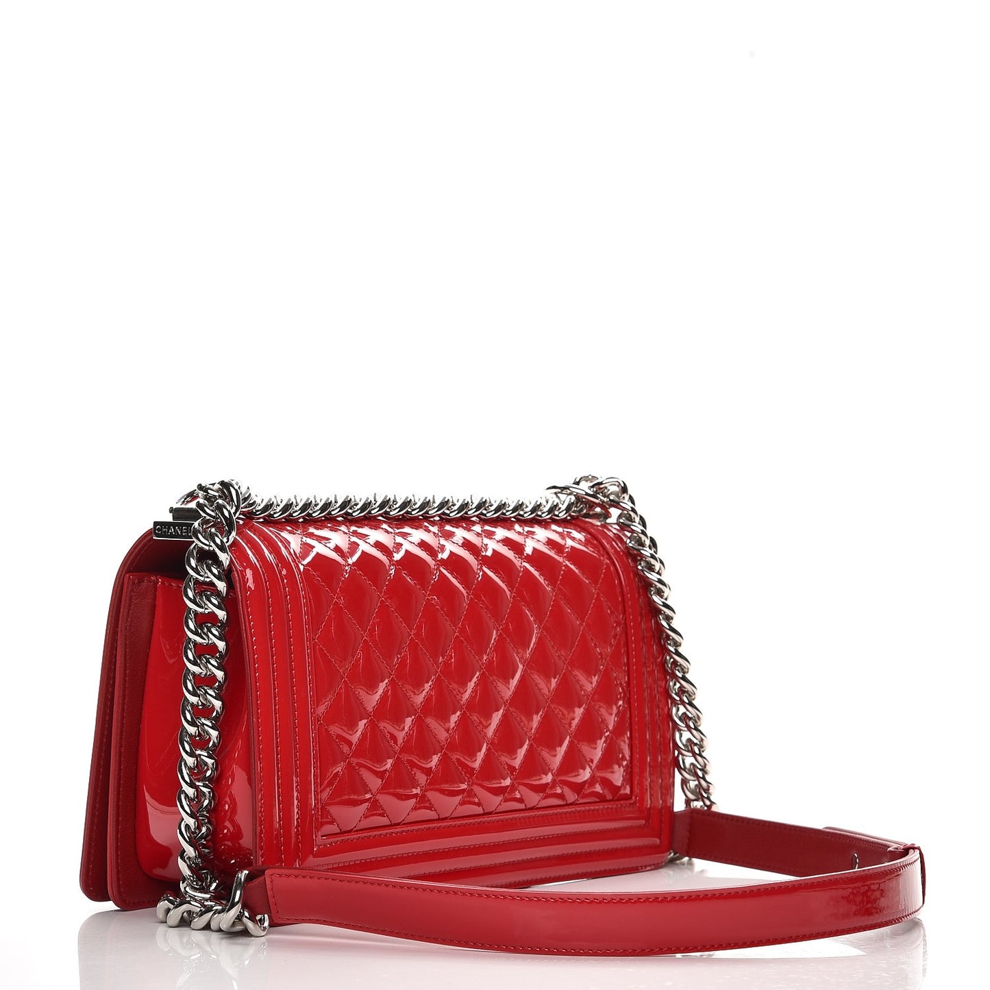 Patent Calfskin Quilted Medium Plexiglass Boy Flap Red