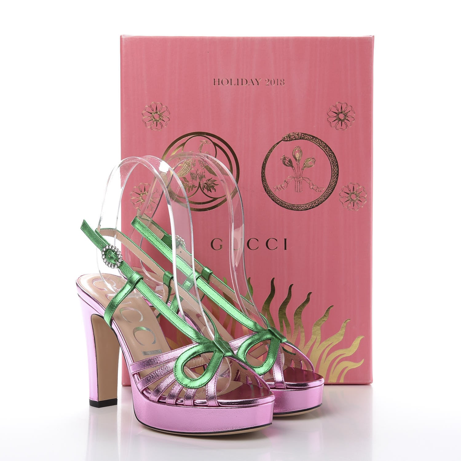 Gucci Metallic Nappa Crystal Zephyra Slingback Platform High Heel Sandals 35 Rosa Jasmine Green 8 of 8