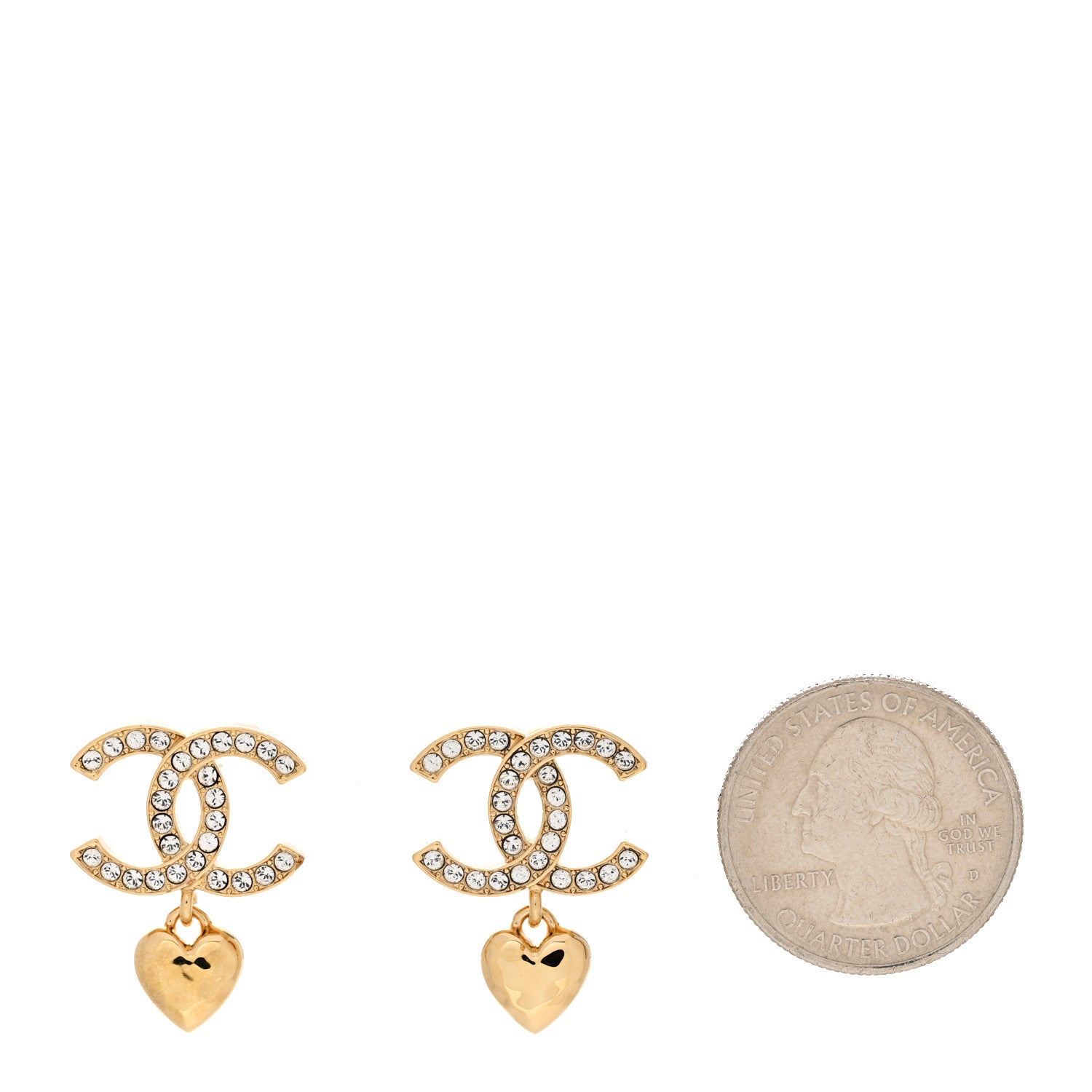 Chanel Metal Crystal CC Heart Drop Earrings Gold 2 of 5