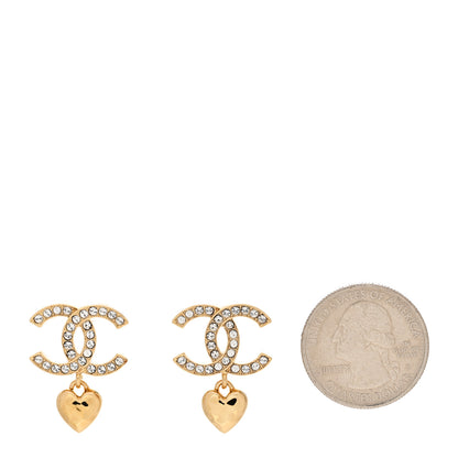 Chanel Metal Crystal CC Heart Drop Earrings Gold 2 of 5
