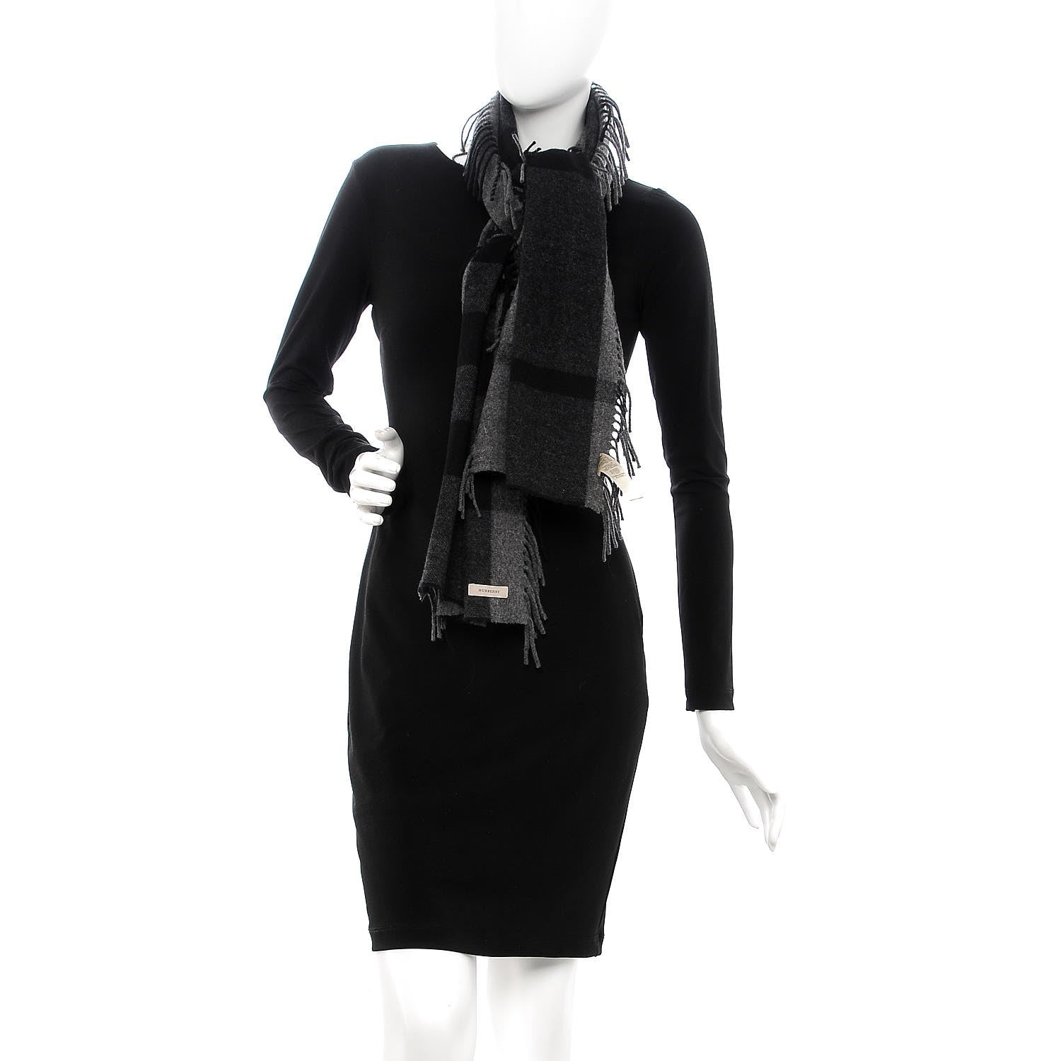 Burberry Merino Wool Half Mega Check Fringe Scarf Black Grey 2 of 7