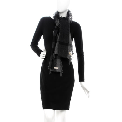 Burberry Merino Wool Half Mega Check Fringe Scarf Black Grey 2 of 7