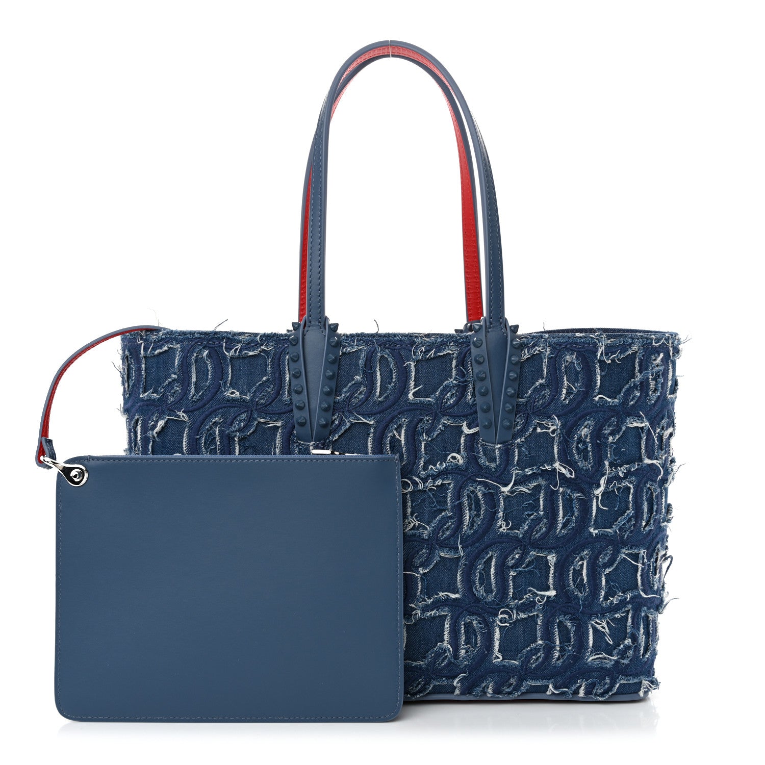 Christian Louboutin Denim Embroidered Spikes East West Cabata Tote Blue 3 of 12