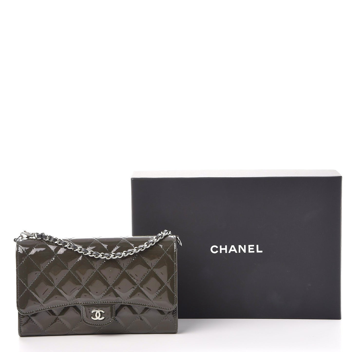 Patent Quilted Wallet On Removable Chain Dark Grey