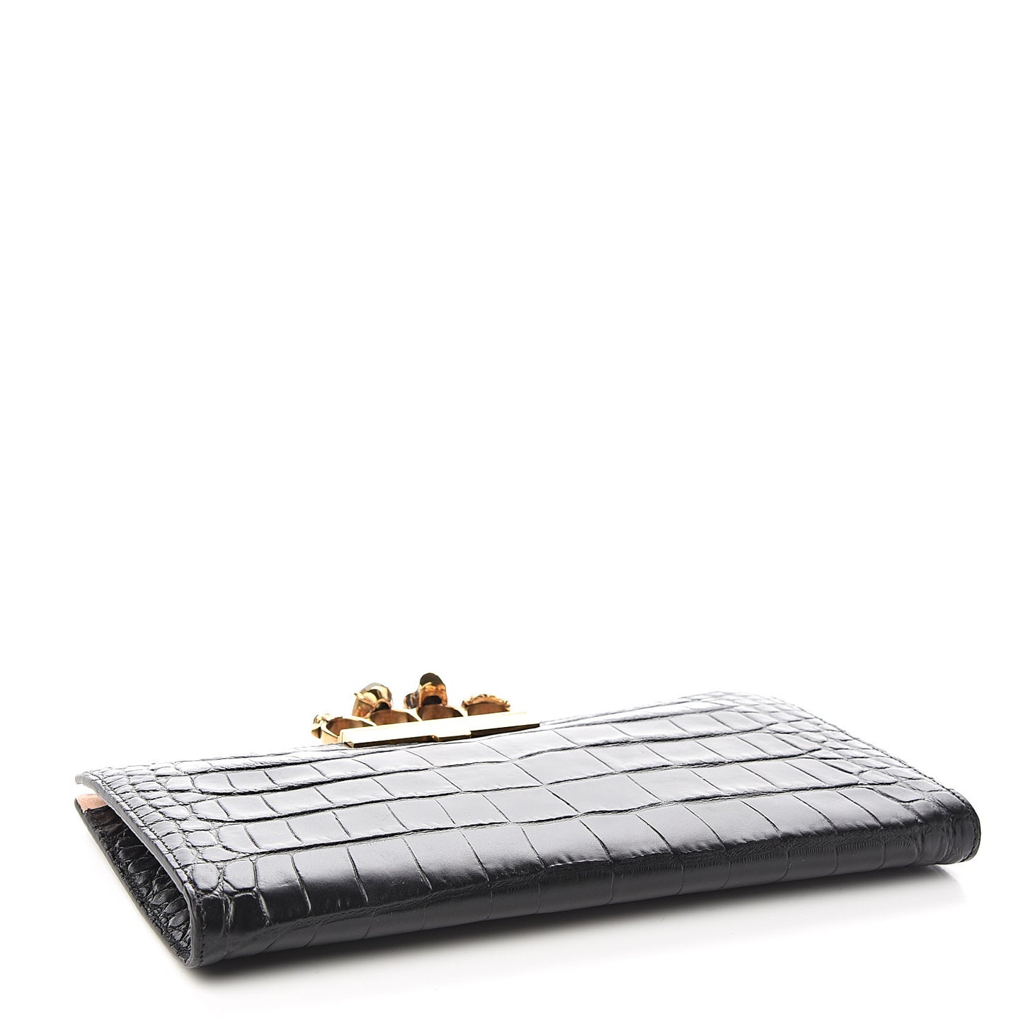 Calfskin Crocodile Embossed Knuckle Flat Clutch Black Gold