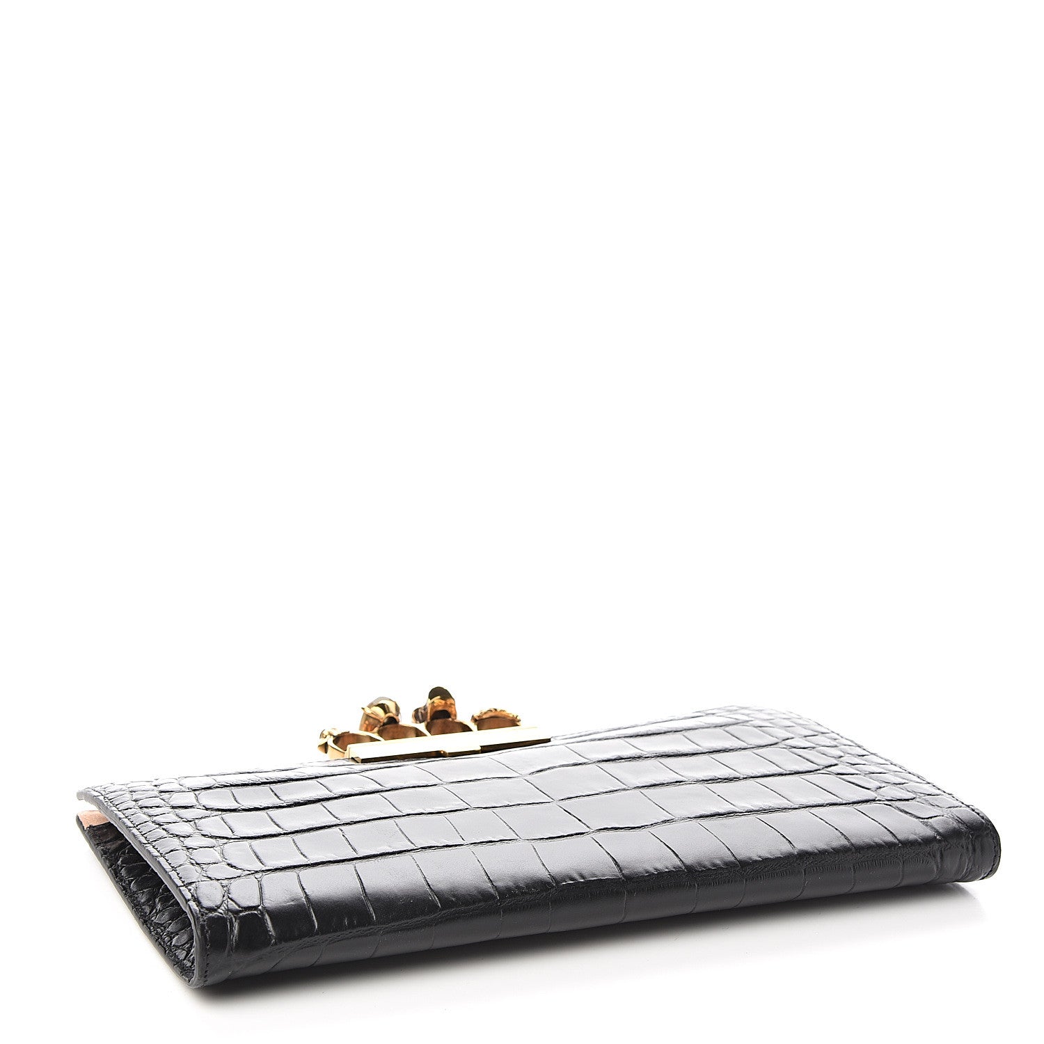 Alexander McQueen Calfskin Crocodile Embossed Knuckle Flat Clutch Black Gold 3 of 7