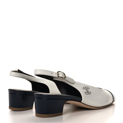Chanel Calfskin Cap Toe CC Slingback Pumps 40 White Dark Navy 5 of 10