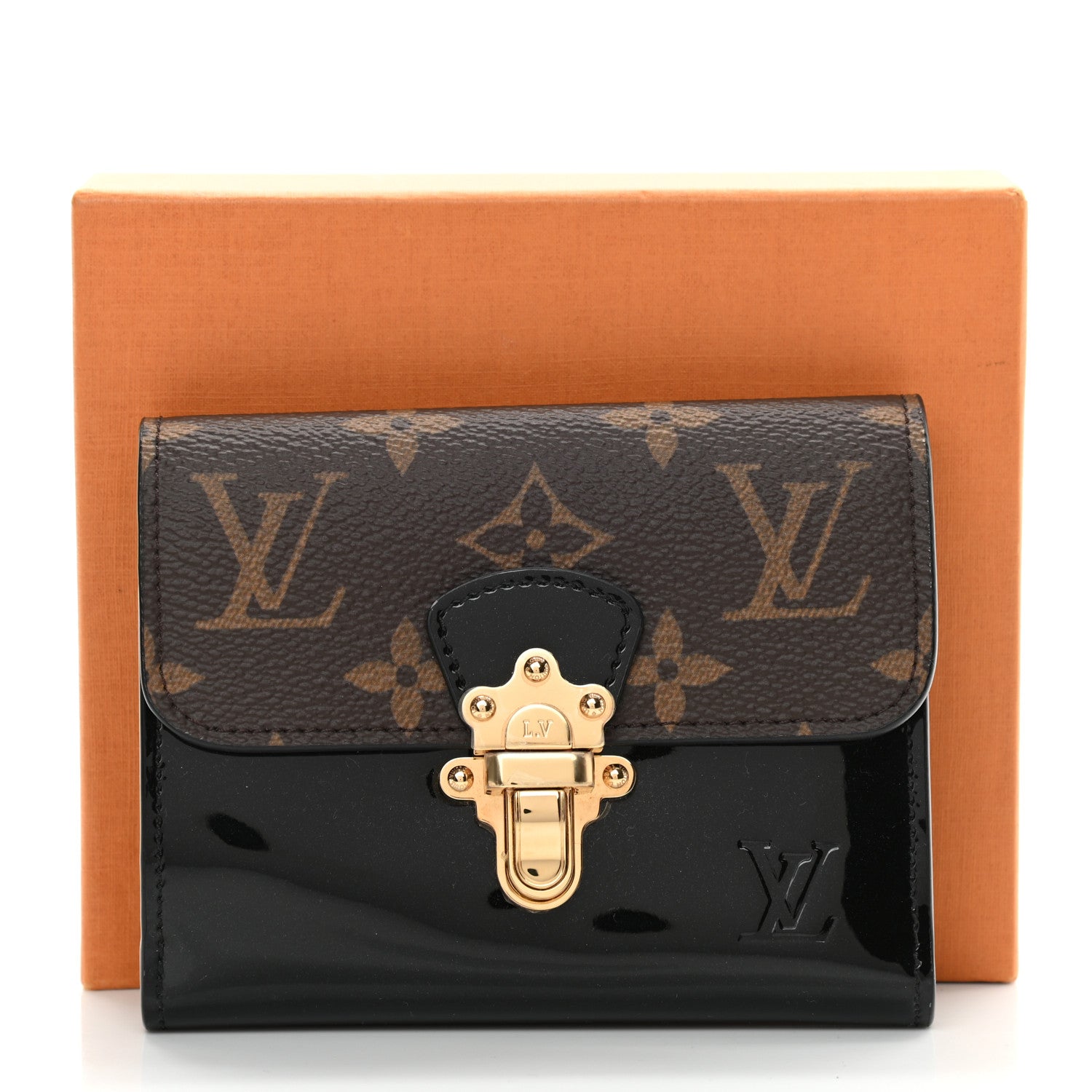 Louis Vuitton Patent Calfskin Monogram Cherrywood Compact Wallet Black 7 of 7