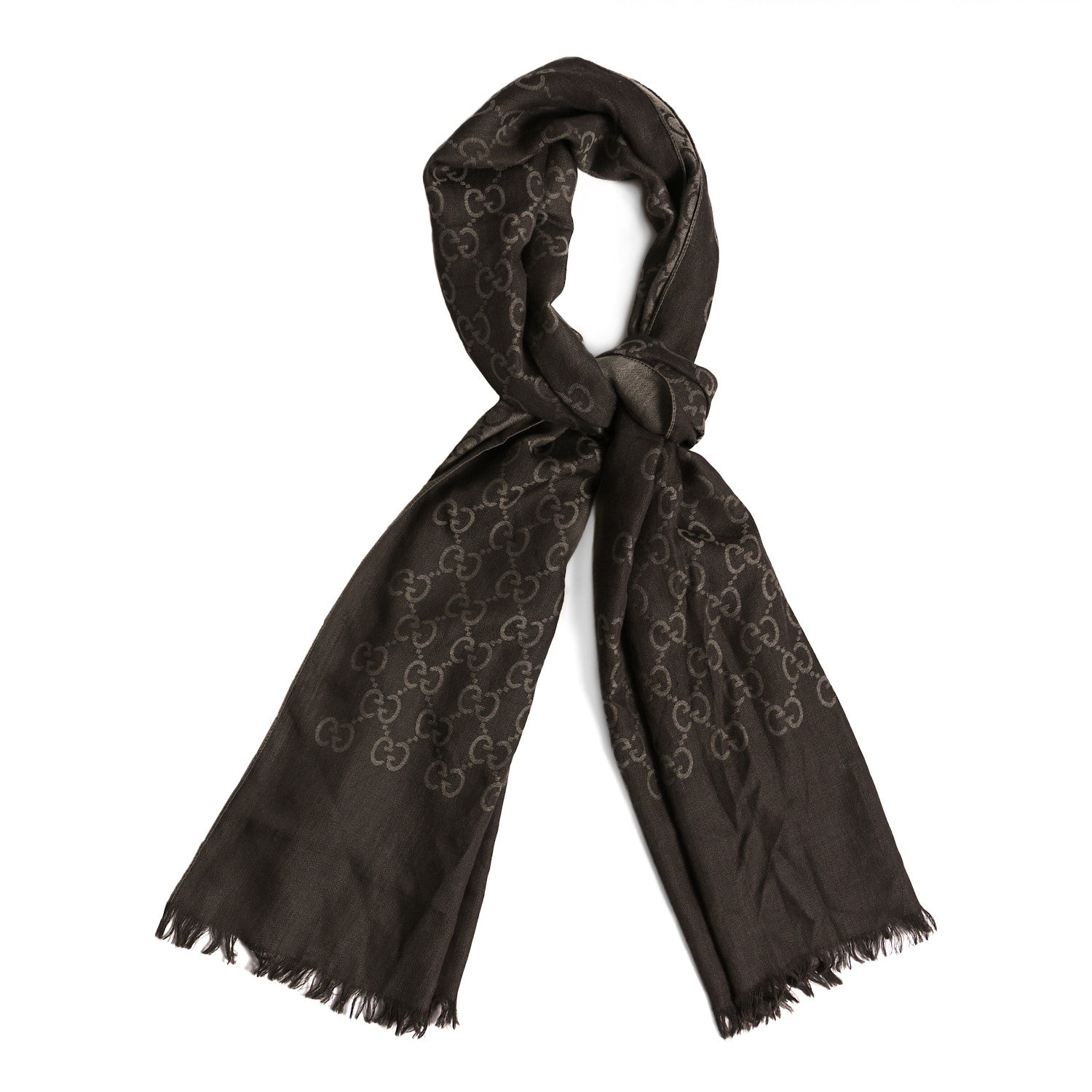Gucci Wool Silk GG Monogram GGNat Scarf Coffee 1 of 3