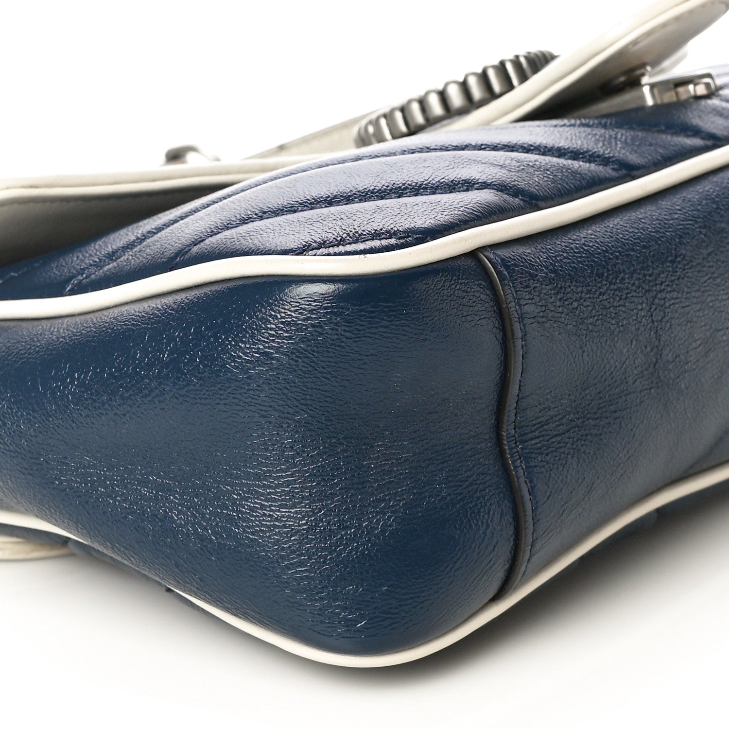 Gucci Vintage Effect Calfskin Matelasse Diagonal Small Torchon GG Marmont Shoulder Bag Blue Agata Mystic White 9 of 21