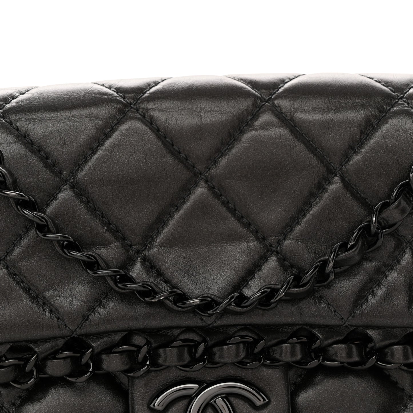 Metallic Calfskin Quilted Chain All Over Flap Bag Grey
