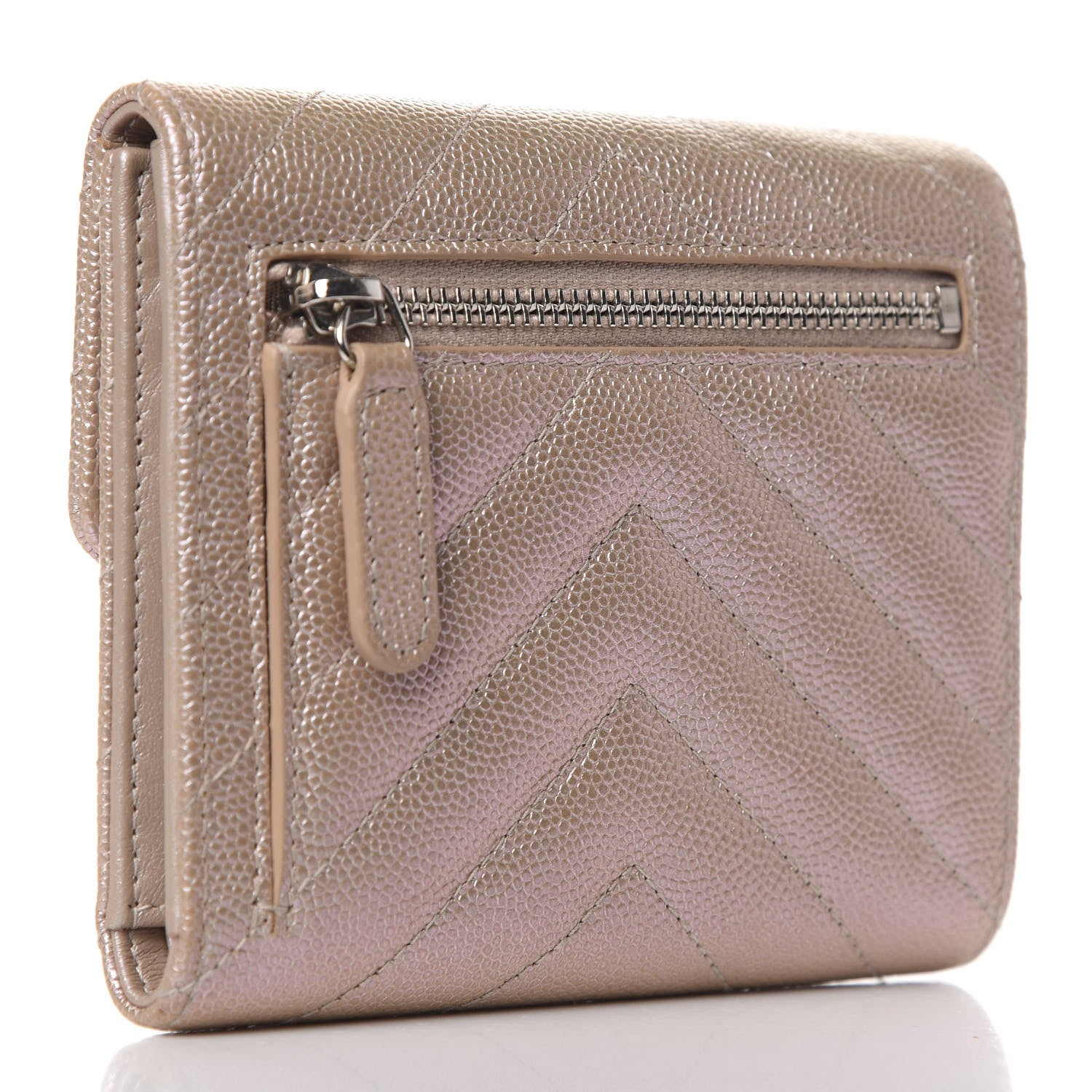 Chanel Metallic Caviar Chevron Quilted Compact Flap Wallet Light Gold 3 of 8