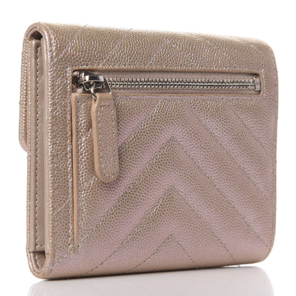 Chanel Metallic Caviar Chevron Quilted Compact Flap Wallet Light Gold 3 of 8