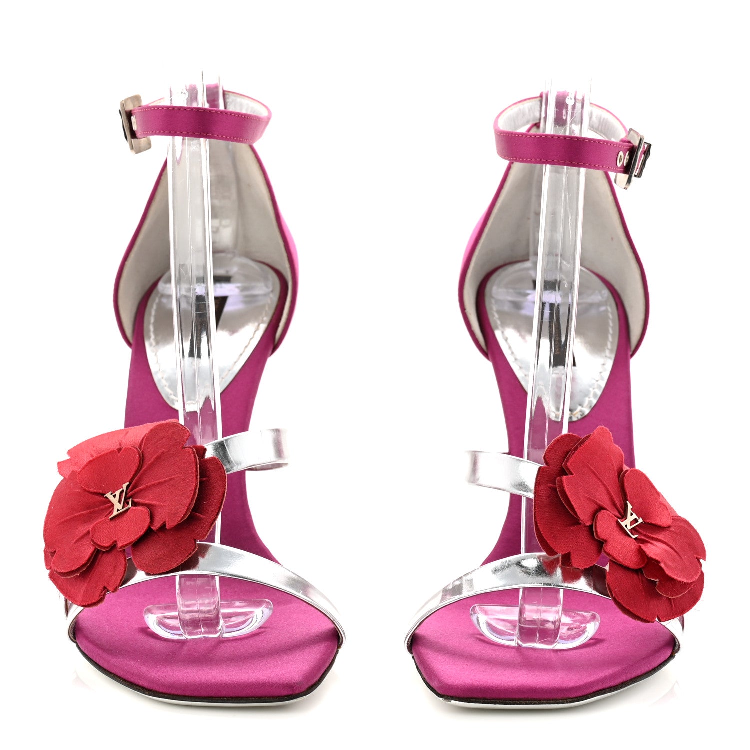 Louis Vuitton Satin Flower Amber Ankle Sandals 37.5 Fuchsia Red Silver 3 of 9