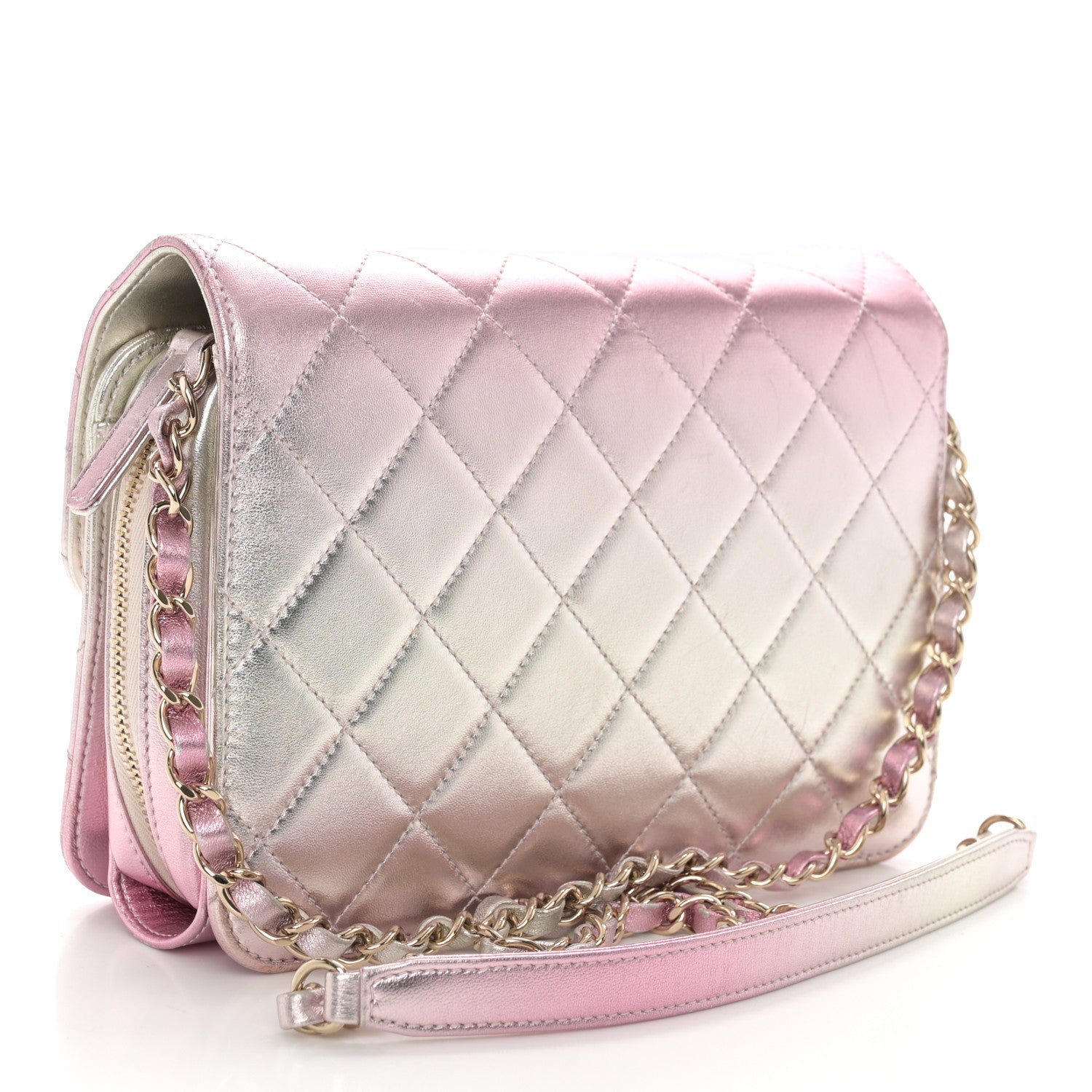 Chanel Metallic Lambskin Quilted Large Like A Wallet Flap Golden Pink 3 of 15
