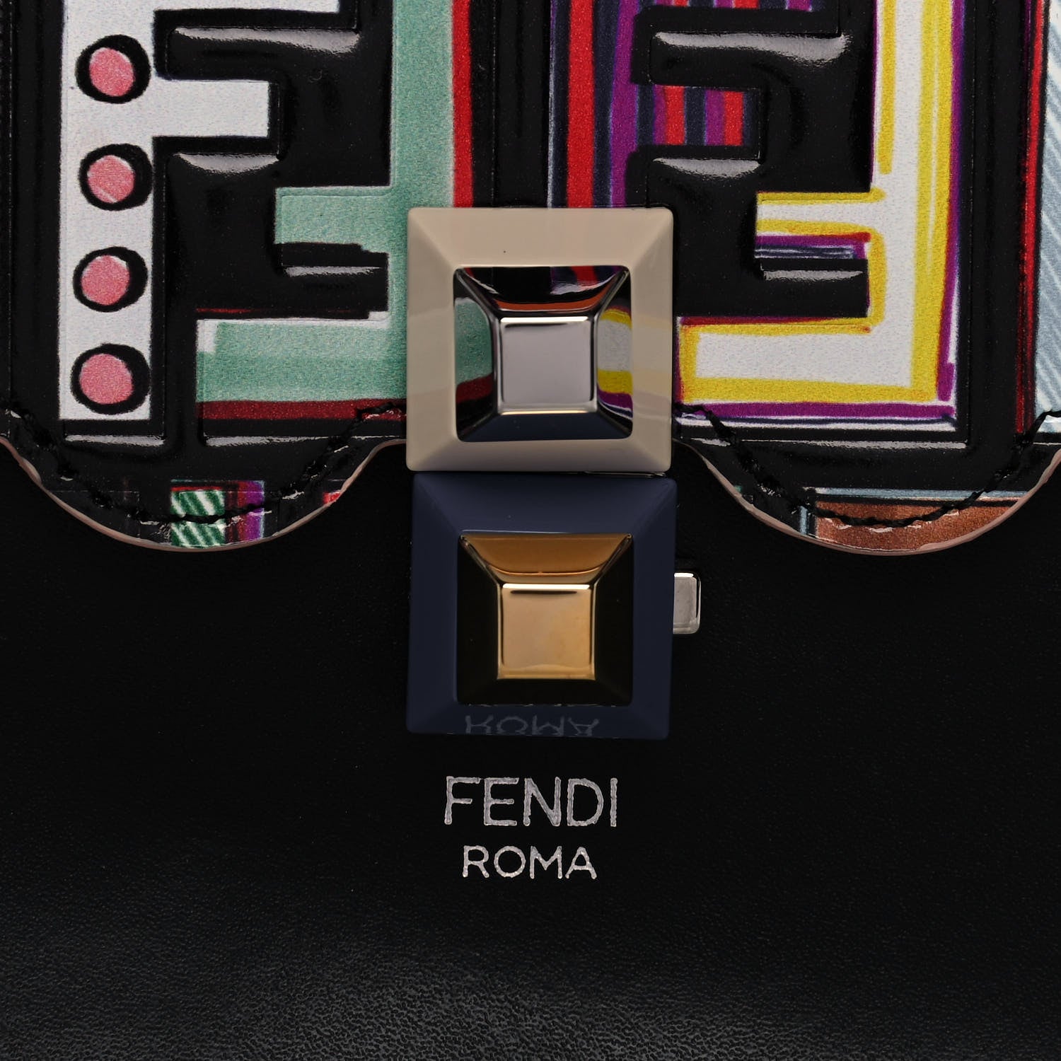 Fendi Vitello Liberty Fun Fair Embossed Scalloped Kan I Shoulder Bag Black Multicolor 10 of 13