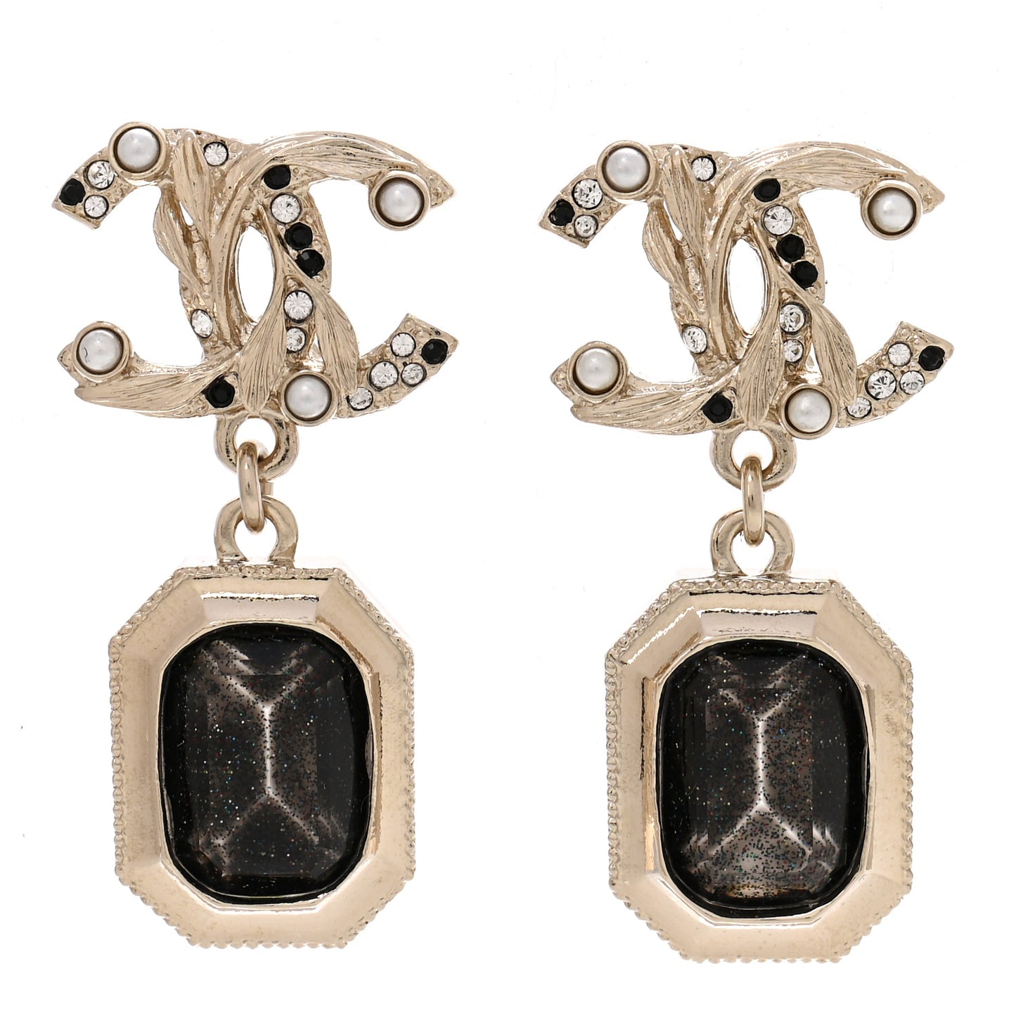 Crystal Pearl Glitter CC Drop Earrings Gold Black