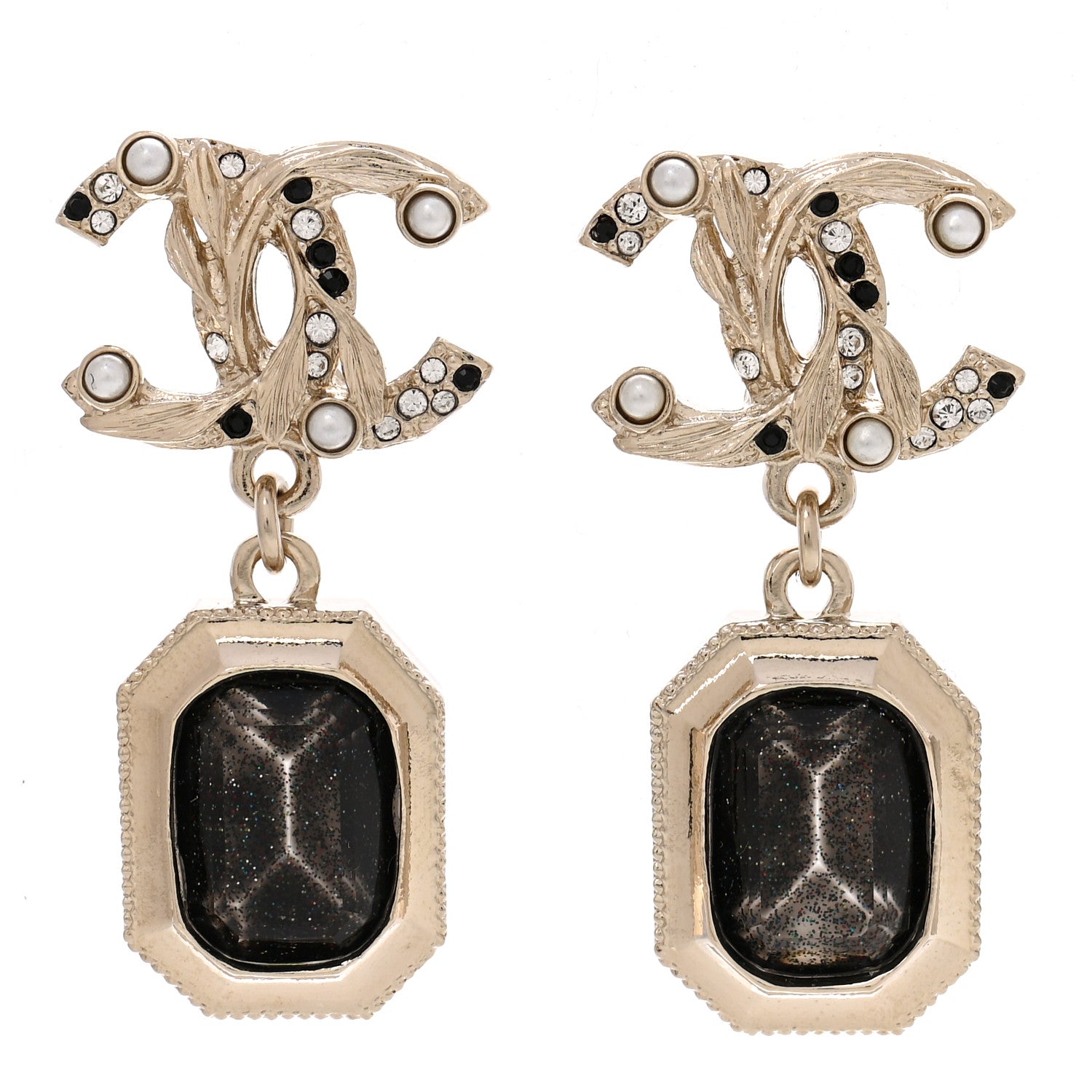 Chanel Crystal Pearl Glitter CC Drop Earrings Gold Black 1 of 4