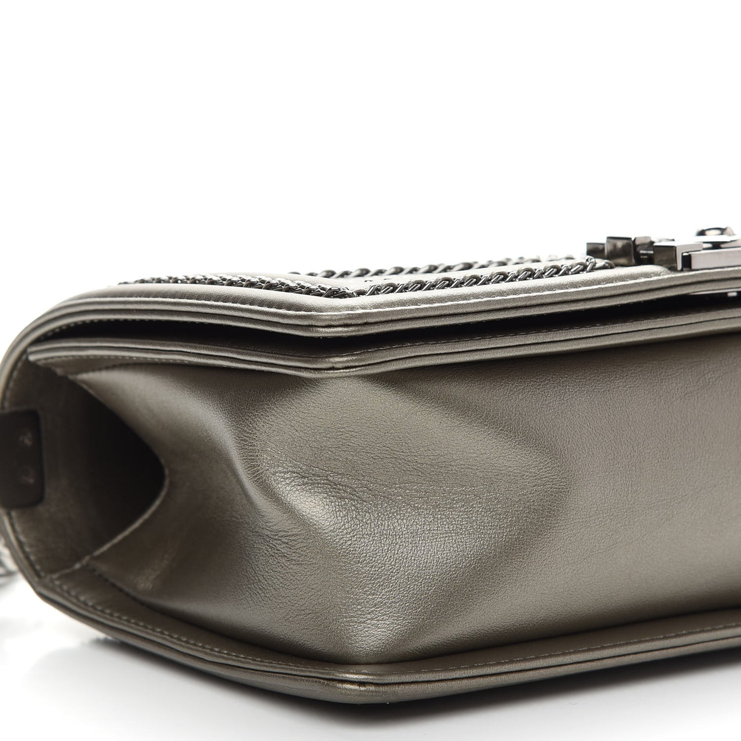 Metallic Crumpled Calfskin Chevron Chain Medium Boy Flap Grey