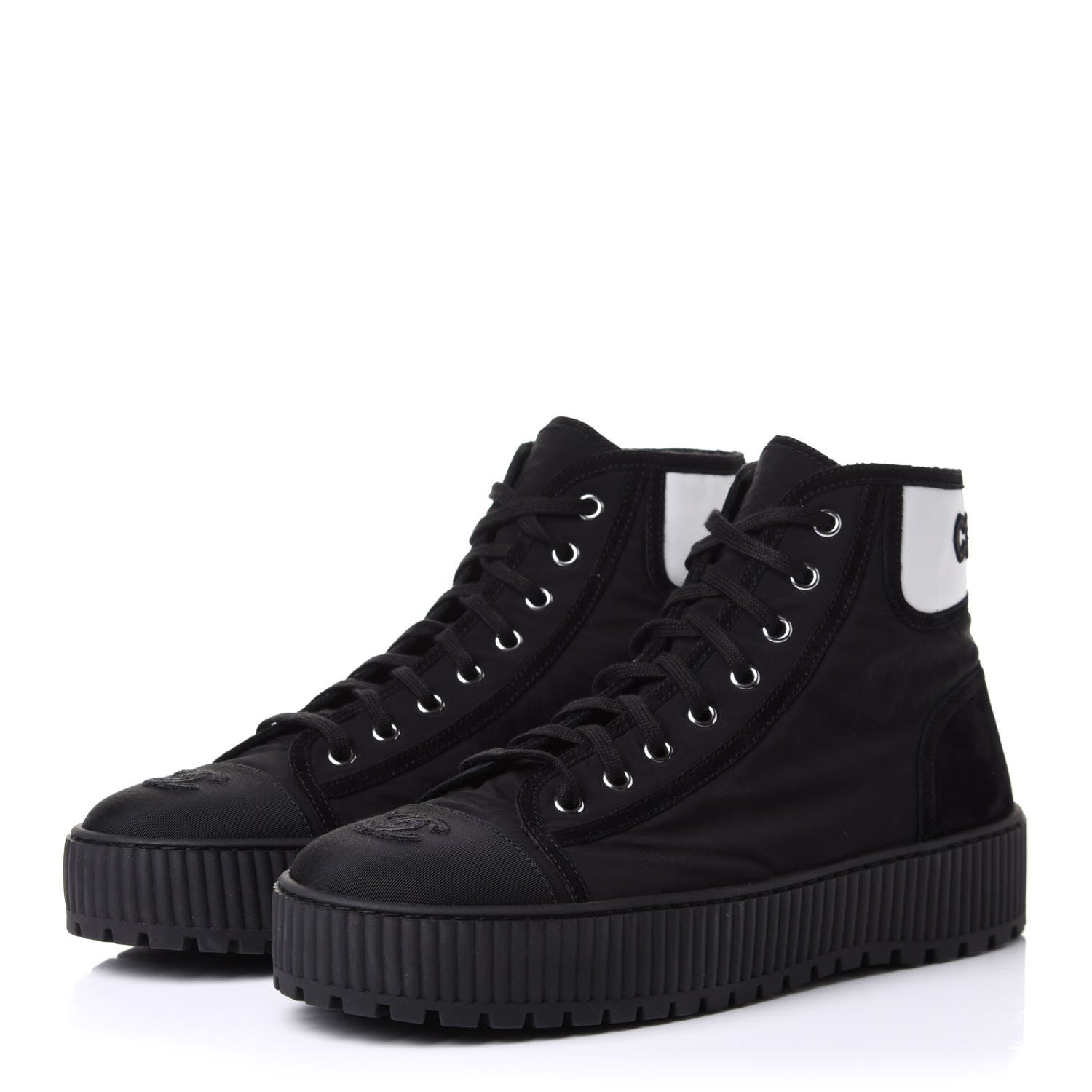 Chanel Fabric Suede Kidskin Grosgrain Lace Up Cap Toe Sneakers 42 Black White 3 of 11