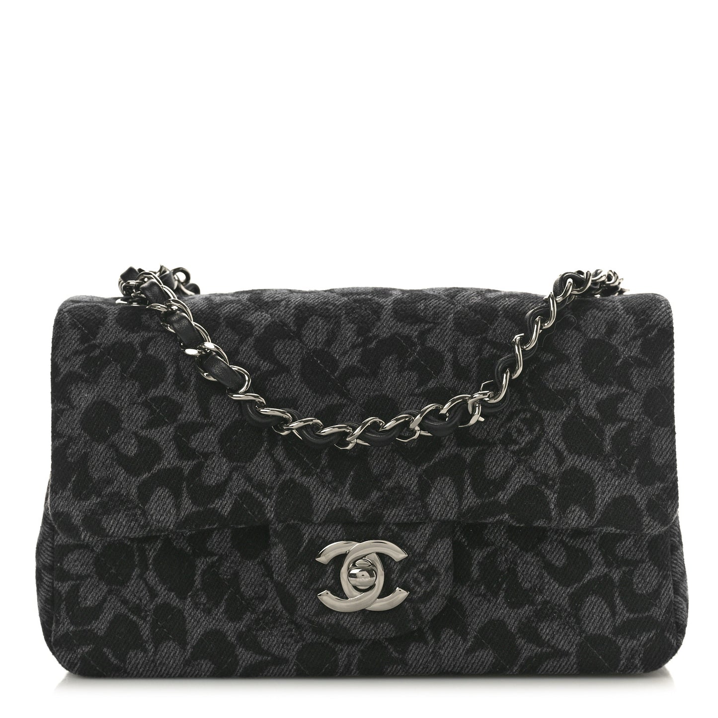 Printed Denim Quilted Flower Mini Rectangular Flap Black