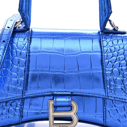 Balenciaga Metallic Shiny Calfskin Crocodile Embossed Hourglass Top Handle Bag XS Royal Blue 7 of 10