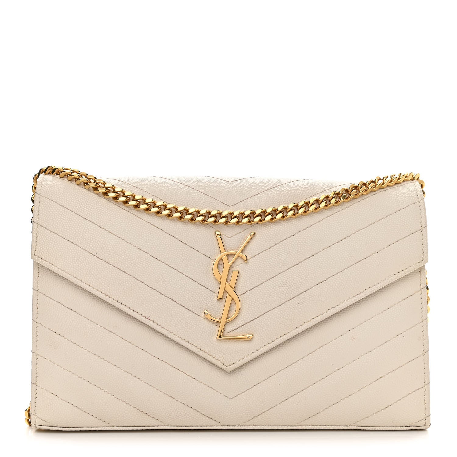 Saint Laurent Grain De Poudre Matelasse Chevron Monogram Chain Wallet White 1 of 16