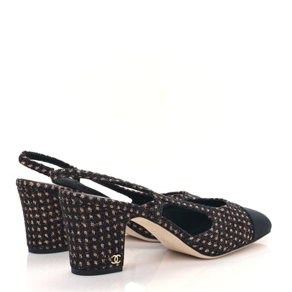 Chanel Sparkly Tweed Grosgrain Cap Toe CC Slingback Pumps 40.5 Black Gold 4 of 8