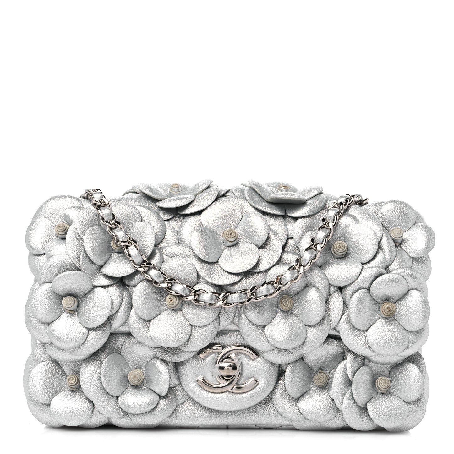 Metallic Lambskin Quilted Mini Camellia Flap Silver