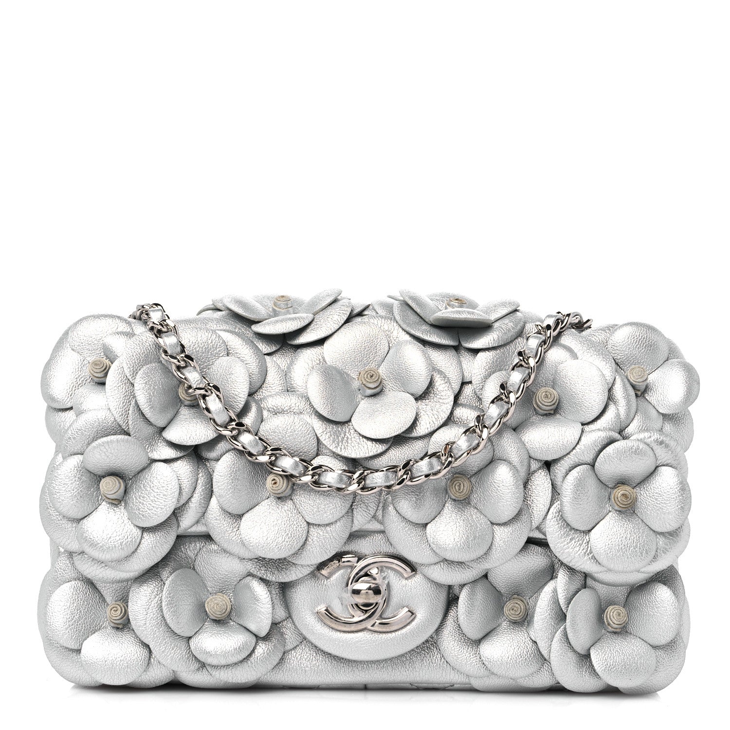 Chanel Metallic Lambskin Quilted Mini Camellia Flap Silver 1 of 9