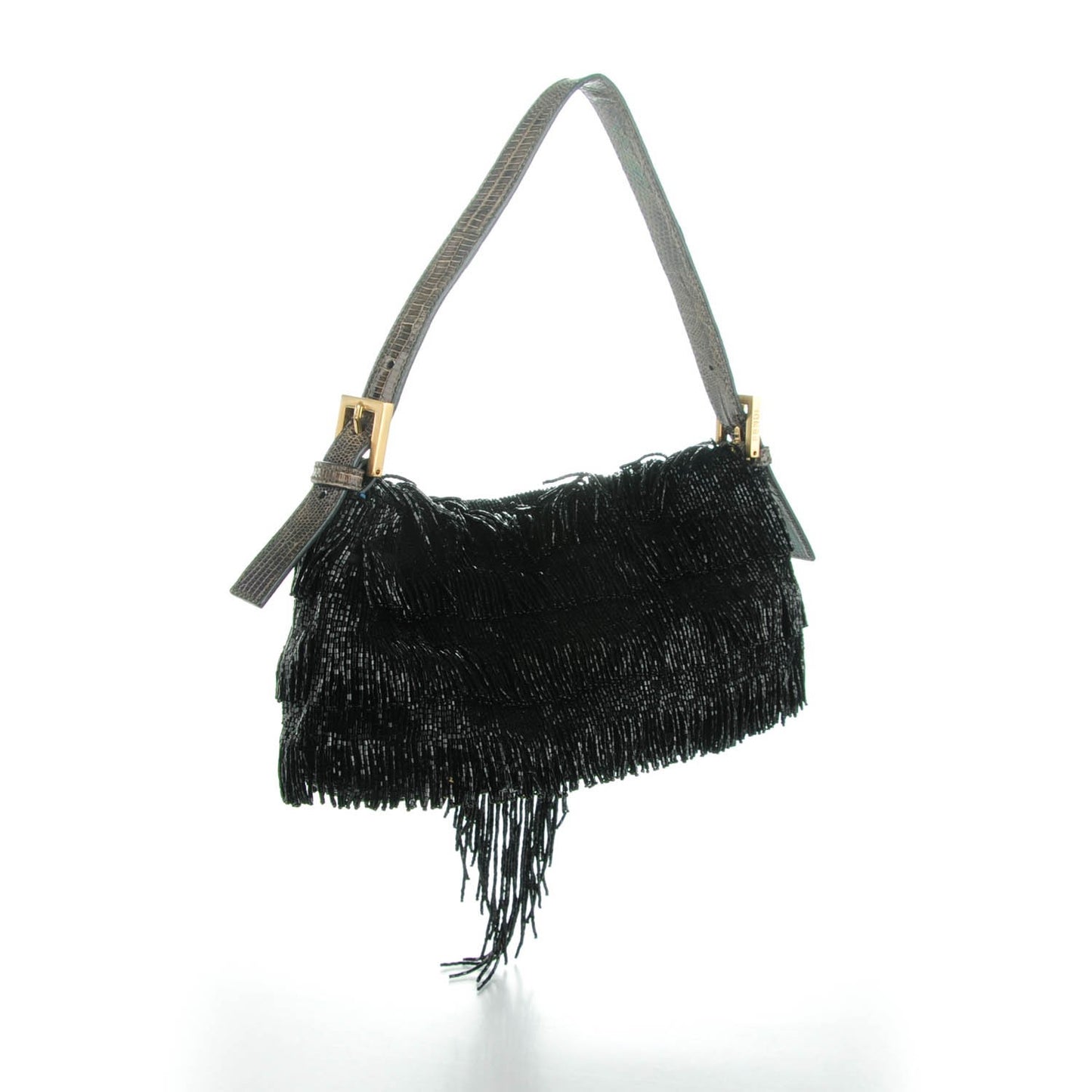 Lizard Beaded Fringe Baguette Black