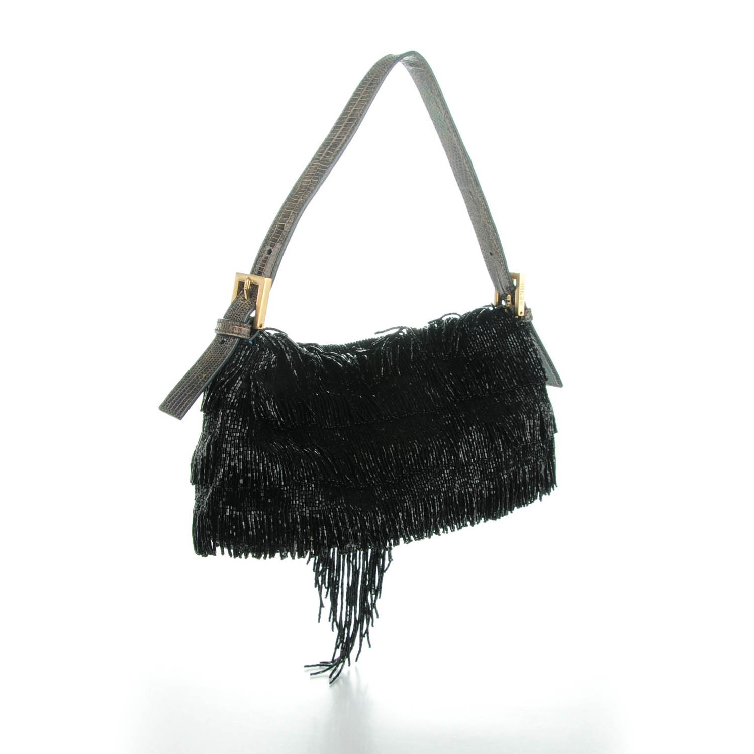 Fendi Lizard Beaded Fringe Baguette Black 3 of 10