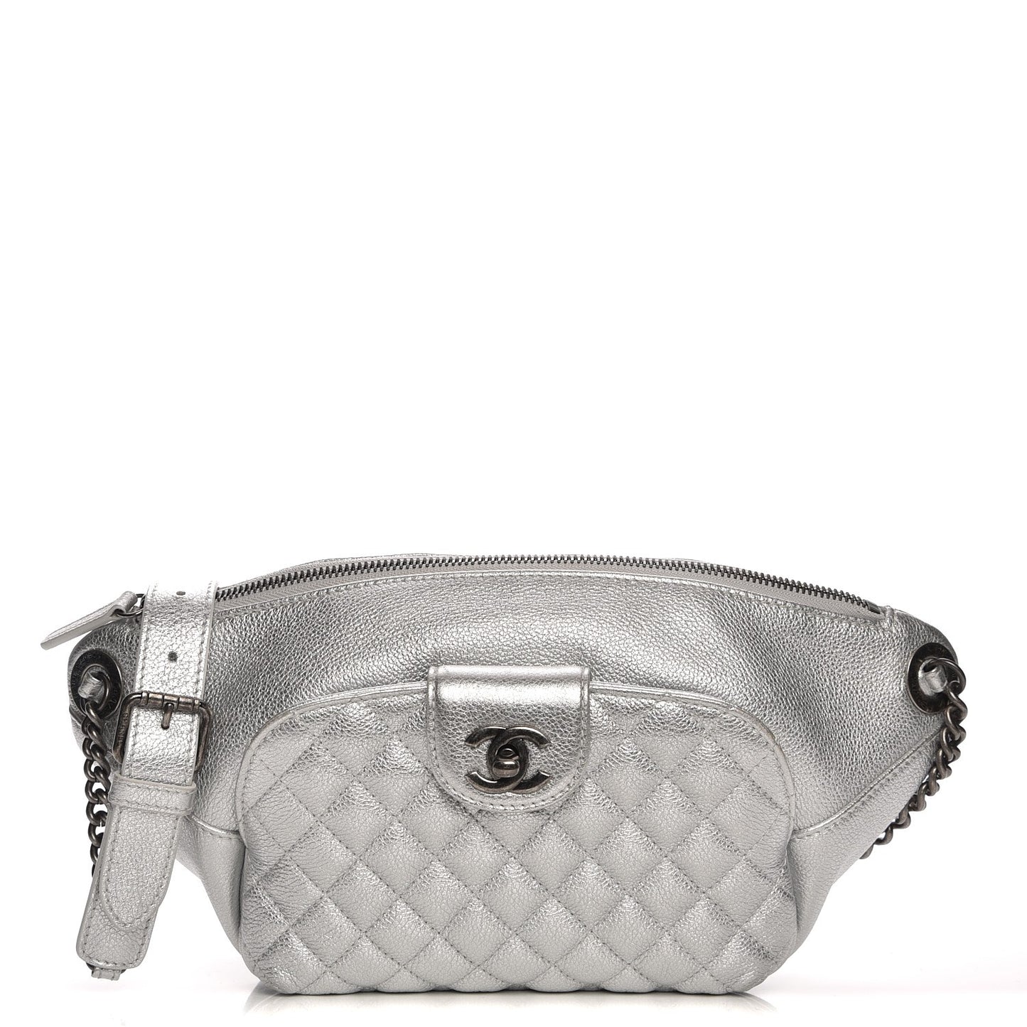 Metallic Grained Calfskin Quilted Casual Rock Waist Bag Fanny Pack Silver