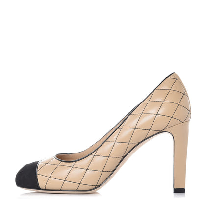 Chanel Lambskin Suede Quilted Cap Toe Pumps 38.5 Beige Black 1 of 9