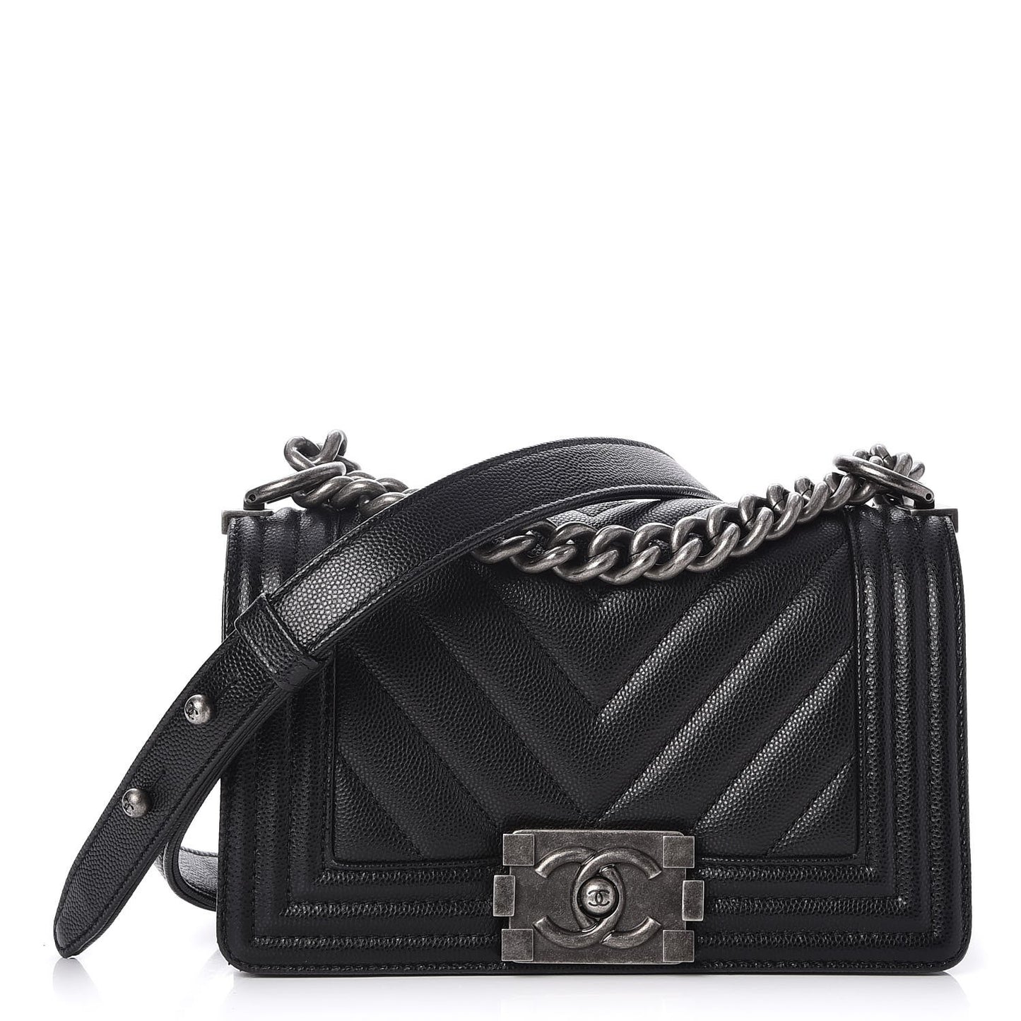 Caviar Chevron Quilted Small Boy Flap Black