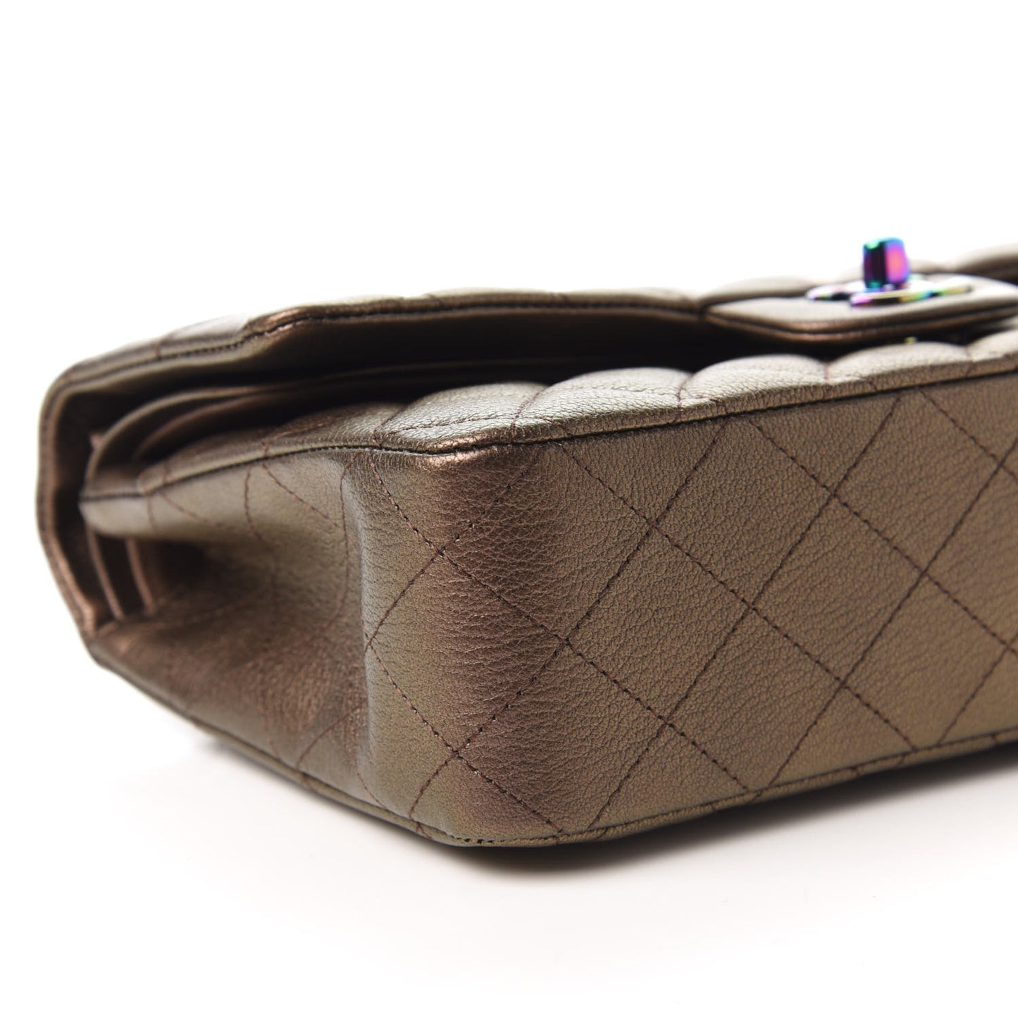 Iridescent Goatskin Quilted Medium Double Flap Bronze