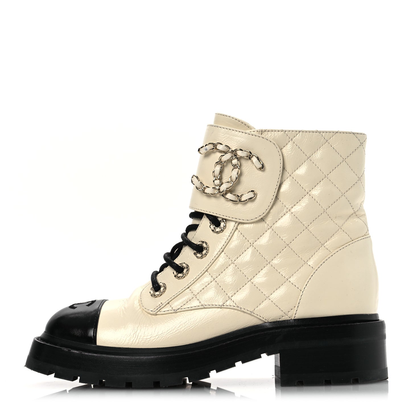 Shiny Goatskin Calfskin Quilted Lace Up Combat Boots 37 Black White