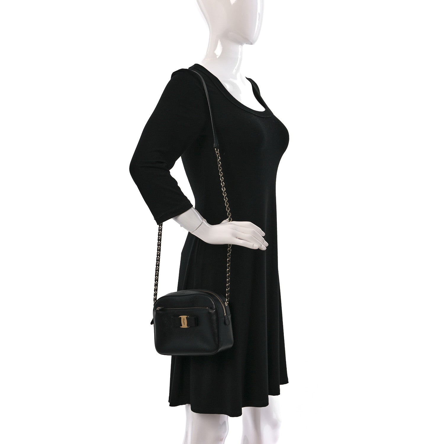 Salvatore Ferragamo Hammered Calfskin Lydia Bow Camera Bag Black 2 of 10
