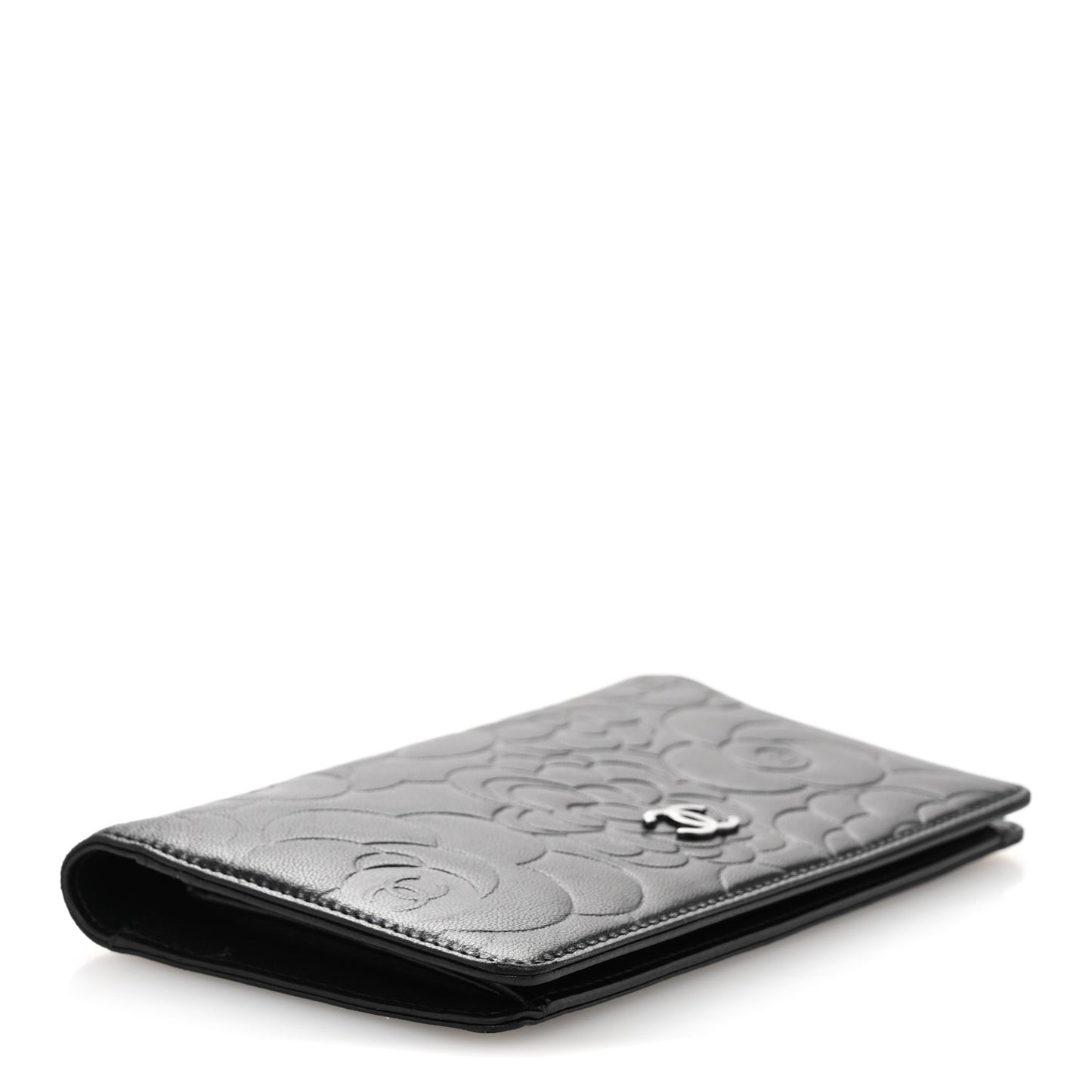 Lambskin Camellia Embossed Yen Wallet Black
