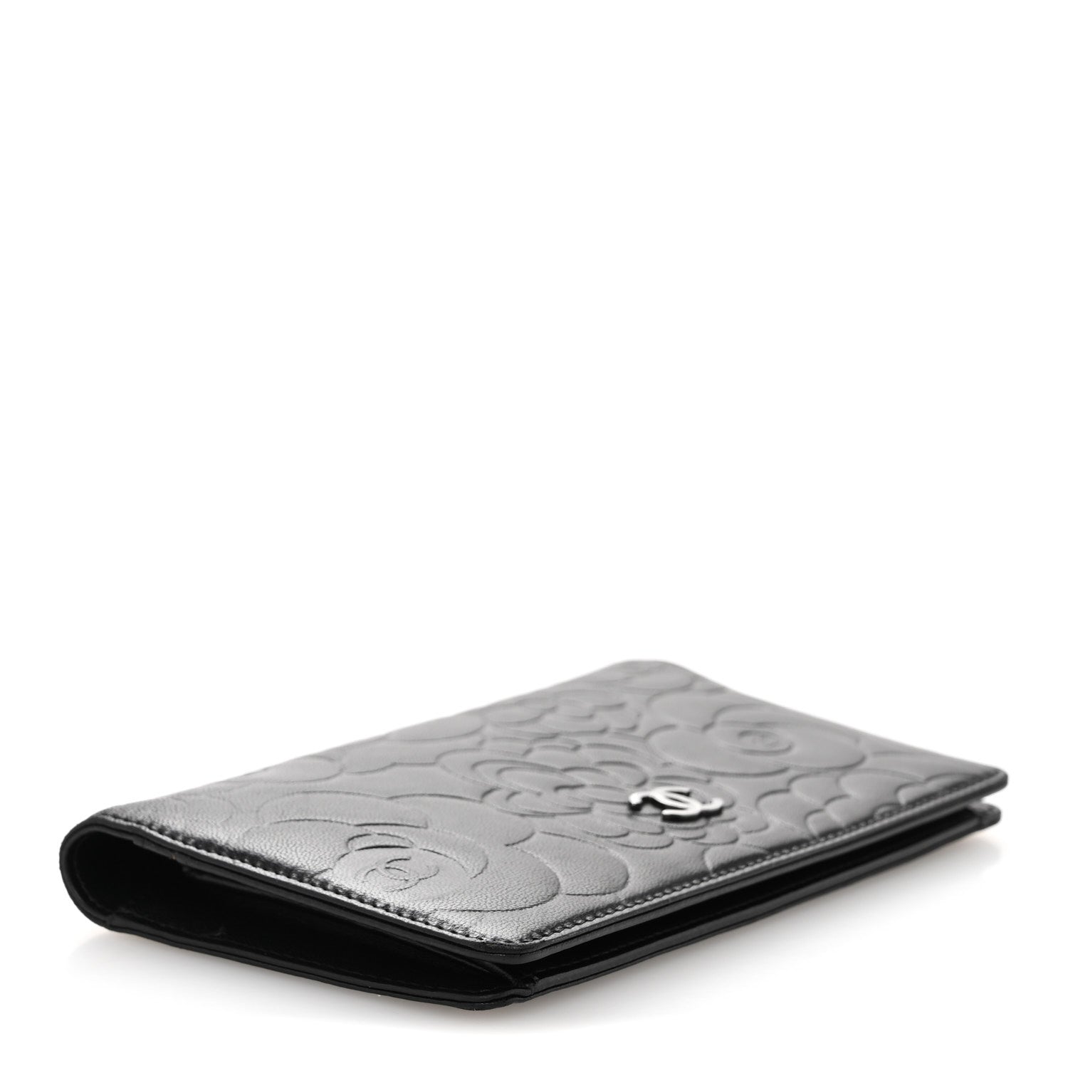 Chanel Lambskin Camellia Embossed Yen Wallet Black 4 of 13