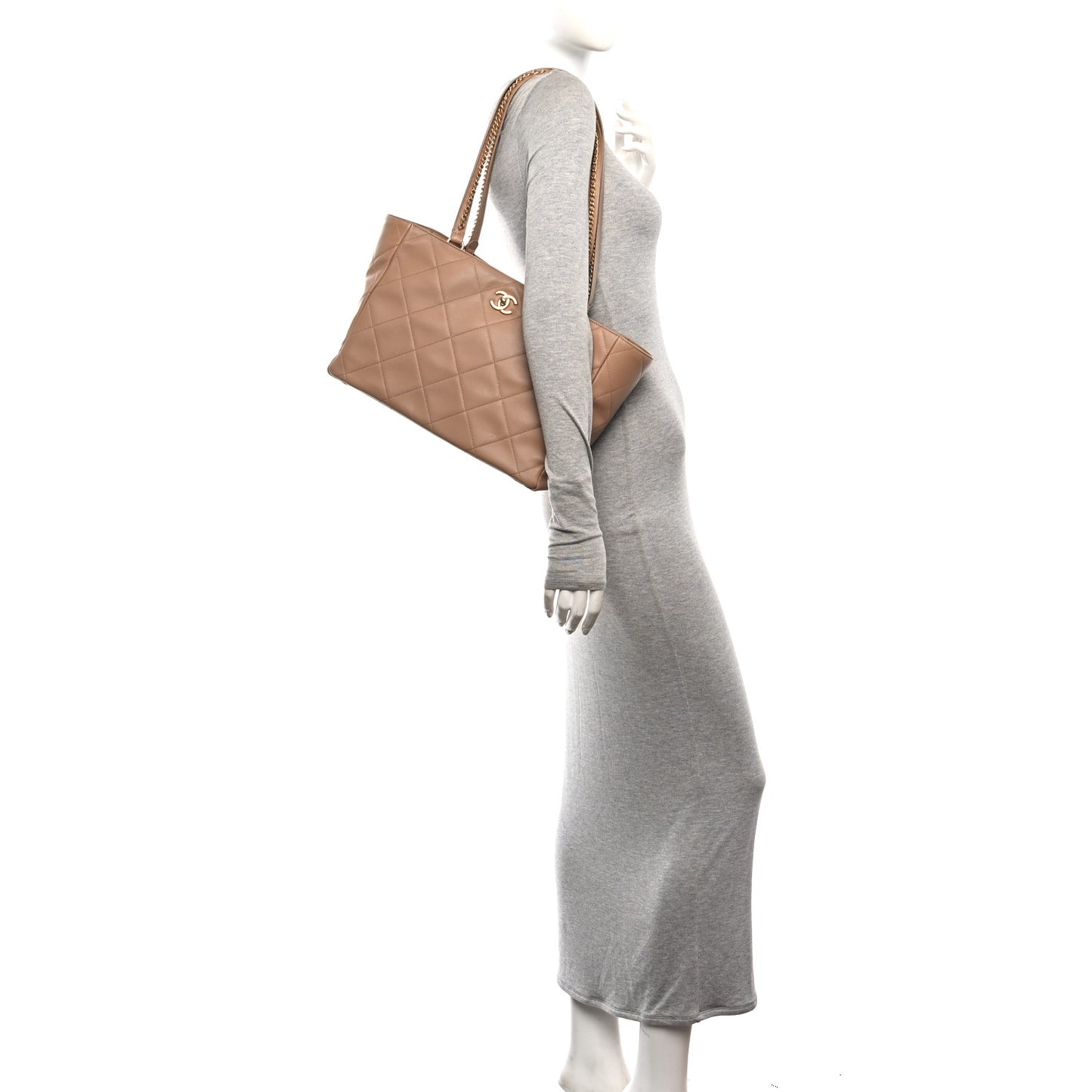 Calfskin Quilted Book Pocket Shopping Tote Beige