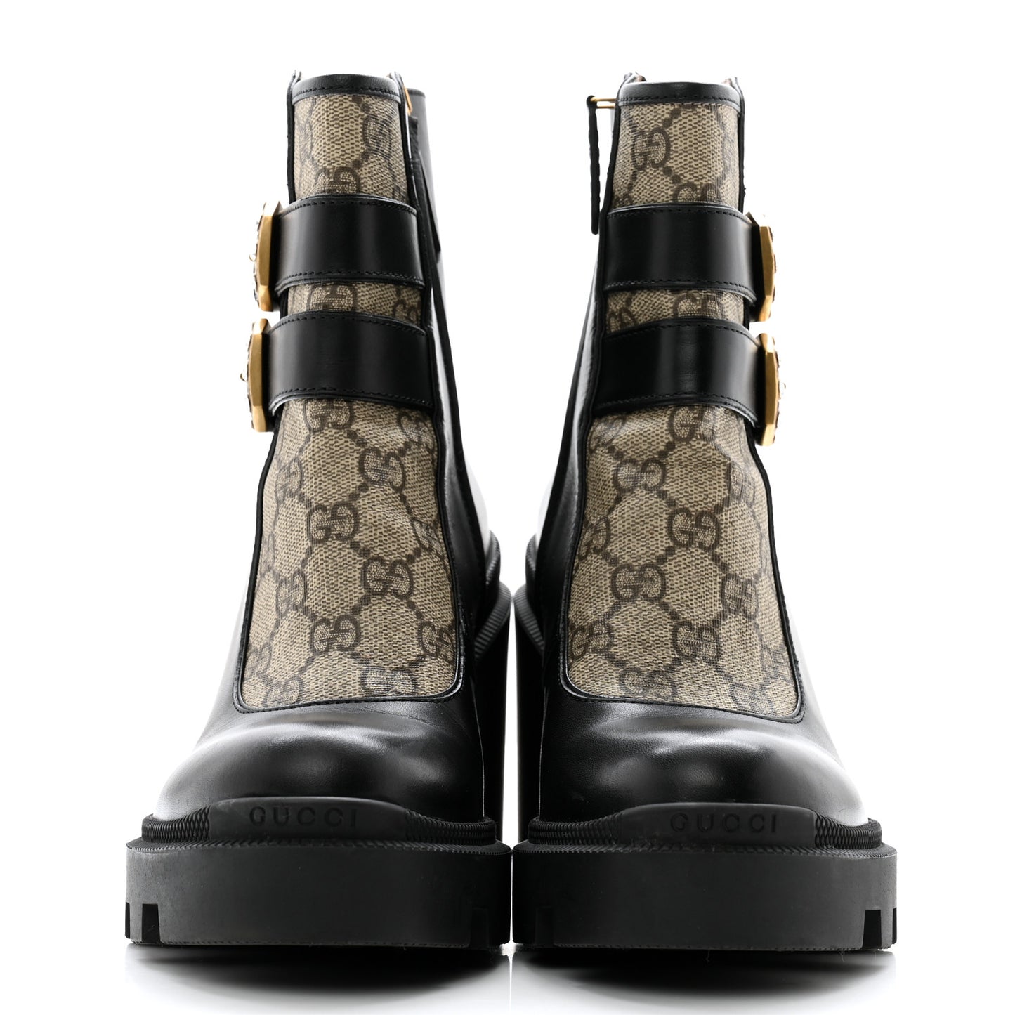 Kensington Calfskin Nappa GG Supreme Monogram Womens Double Buckle Ankle Boots 37.5 Black