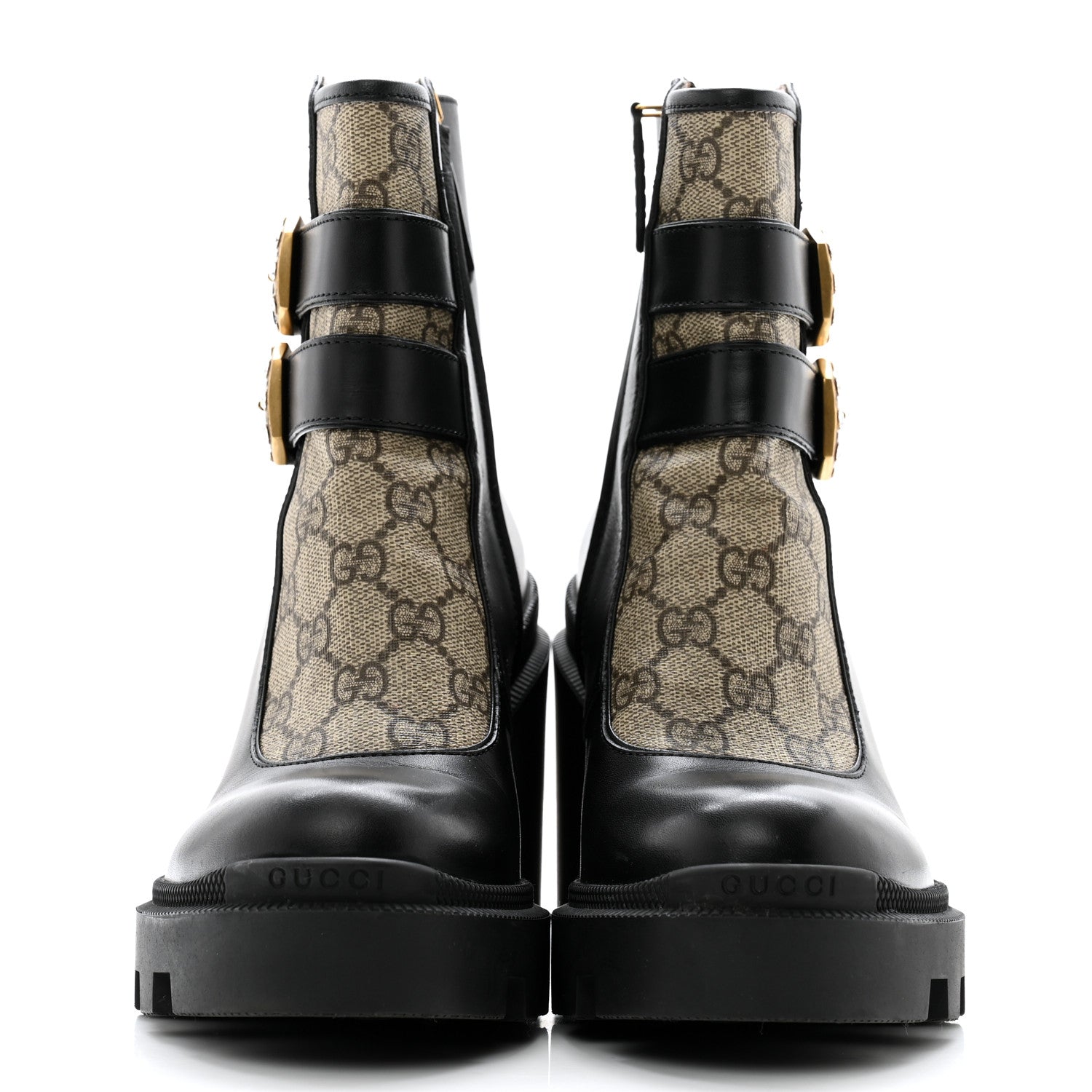 Gucci Kensington Calfskin Nappa GG Supreme Monogram Womens Double Buckle Ankle Boots 37.5 Black 2 of 14