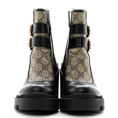 Gucci Kensington Calfskin Nappa GG Supreme Monogram Womens Double Buckle Ankle Boots 37.5 Black 2 of 14
