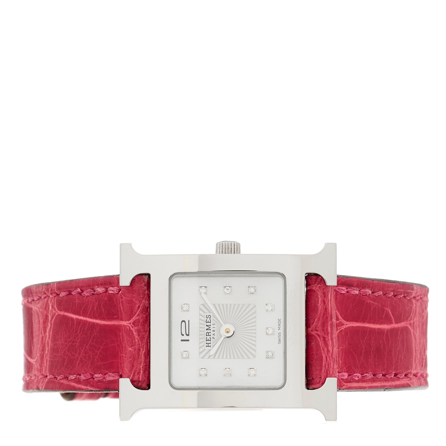 Hermes Stainless Steel Alligator Diamond Mother of Pearl 21mm Heure H Hour Quartz Watch Braise 2 of 5