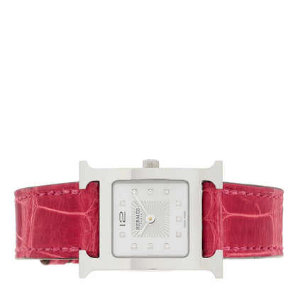 Hermes Stainless Steel Alligator Diamond Mother of Pearl 21mm Heure H Hour Quartz Watch Braise 2 of 5